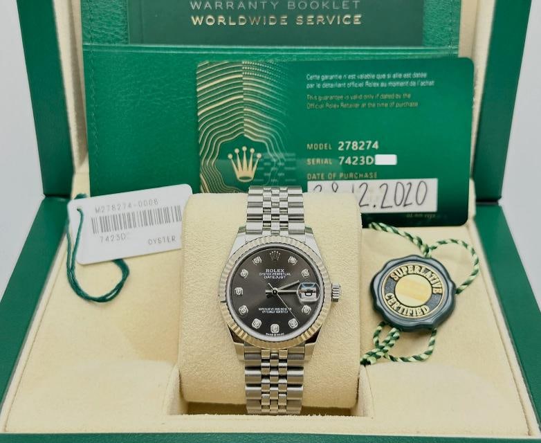Rolex Datejust Midsize 278274 31mm Grey Diamond Dial Steel 18K Gold Box Paper: Style Number: 278274 Serial: 7423**** Year: 2020 Model: Rolex Datejust Midsize Case Material: Stainless Steel Band: Stainless Steel Bezel: 18K White Gold Fluted Dial: Dark