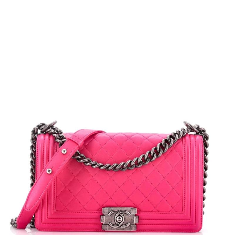Chanel Boy Flap Bag Quilted Calfskin Old Medium: Condition: Pre-owned - Fair,Brand: Chanel,Exterior Material: Leather,Style: Shoulder Bags,Exterior Color: Pink,Department: Women,Size: Old Medium,Accessories: Dust Bag