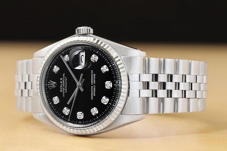 ROLEX MENS DATEJUST BLACK DIAMOND DIAL 18K WHITE GOLD STEEL WATCH w/ FOLDED BAND - 2