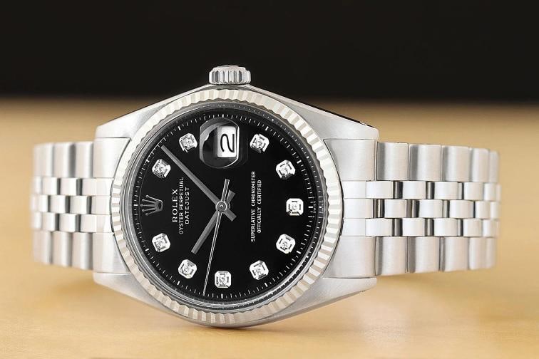 ROLEX MENS DATEJUST BLACK DIAMOND DIAL 18K WHITE GOLD STEEL WATCH w/ FOLDED BAND - 3