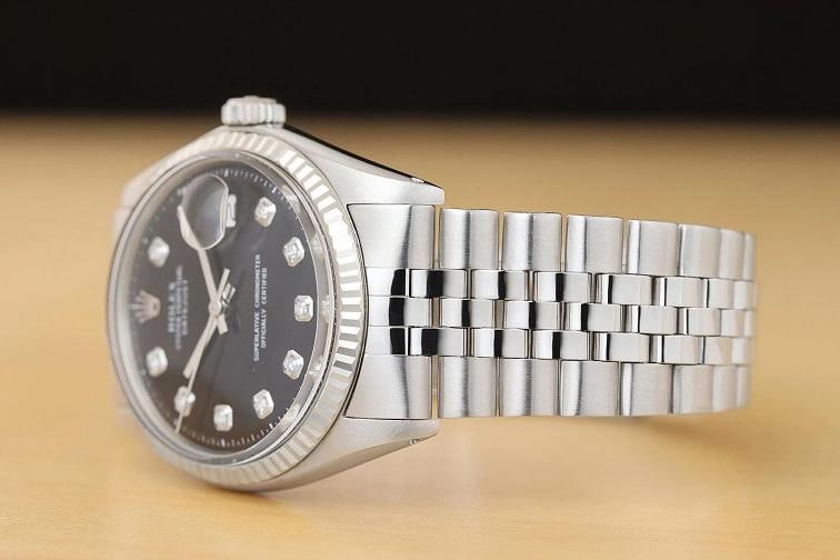 ROLEX MENS DATEJUST BLACK DIAMOND DIAL 18K WHITE GOLD STEEL WATCH w/ FOLDED BAND - 4