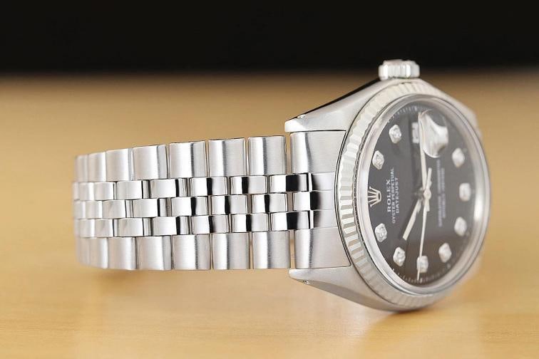 ROLEX MENS DATEJUST BLACK DIAMOND DIAL 18K WHITE GOLD STEEL WATCH w/ FOLDED BAND - 7