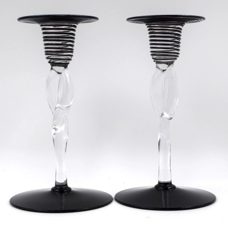 Pair of Steuben Art Glass Twisted Threaded Candlesticks - Black & Clear Shape (1 of 8)