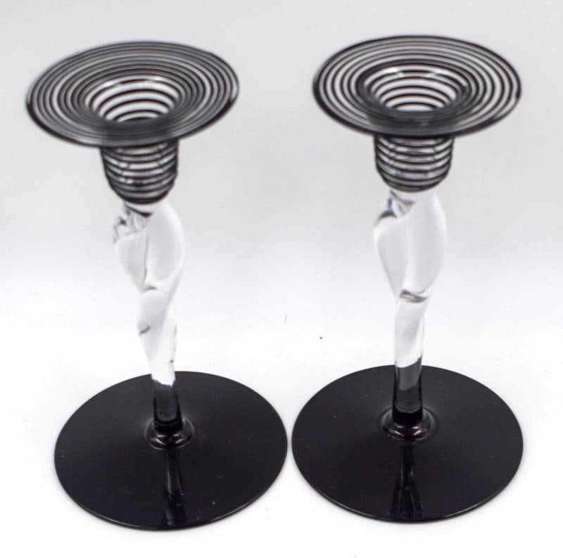 Pair of Steuben Art Glass Twisted Threaded Candlesticks - Black & Clear Shape - 2