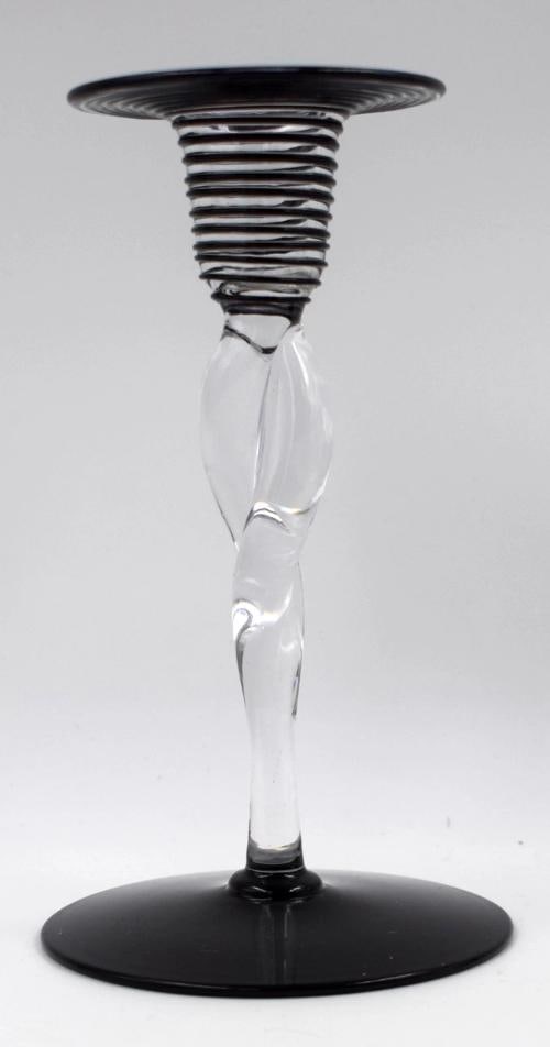 Pair of Steuben Art Glass Twisted Threaded Candlesticks - Black & Clear Shape - 3