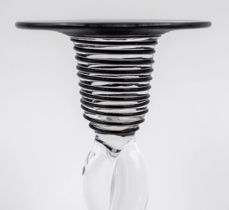 Pair of Steuben Art Glass Twisted Threaded Candlesticks - Black & Clear Shape - 4