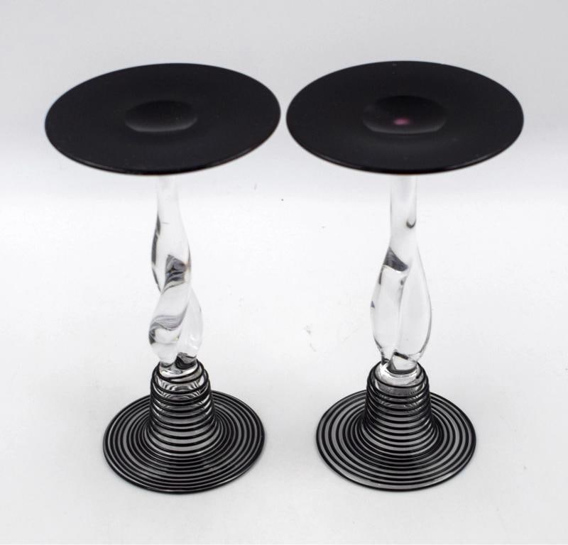 Pair of Steuben Art Glass Twisted Threaded Candlesticks - Black & Clear Shape - 8