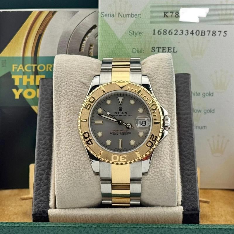 Rolex Yacht-Master Midsize 168623 35mm Silver Dial 18K Gold Steel Box Paper - 2