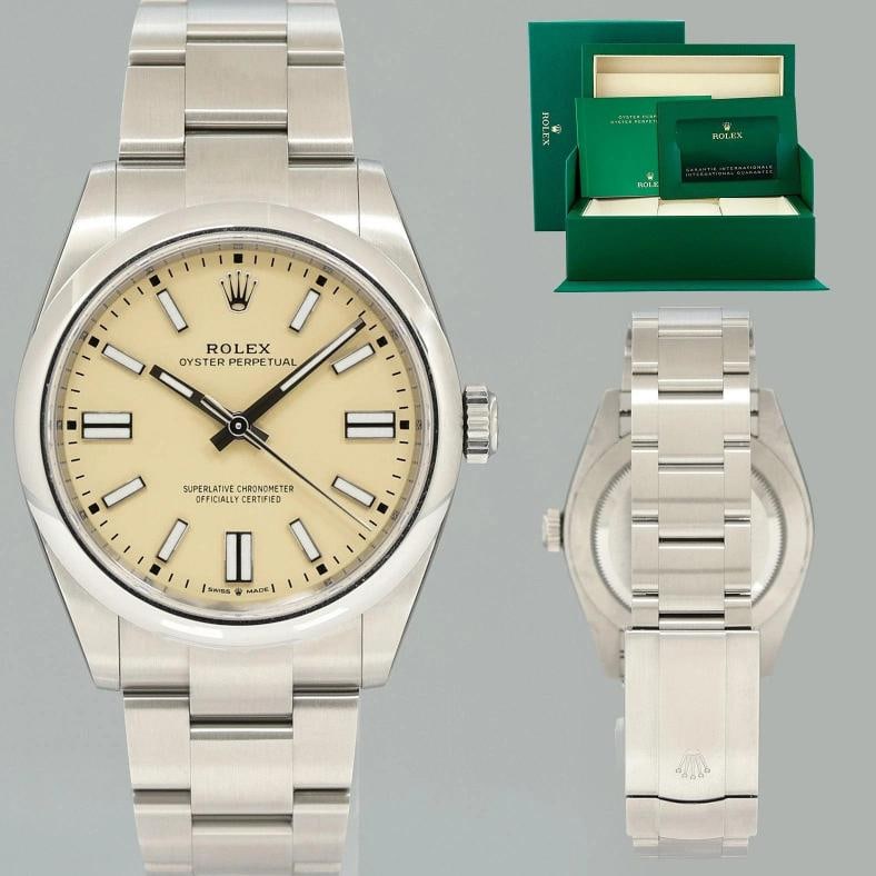 FEB 2026 NEW PAPERS Rolex Oyster 134300 Perpetual 41mm Beige Watch Box: Brand Rolex (Guaranteed Authentic) Model Oyster Perpetual Reference Number 134300 Serial Number Random Serial Metal Stainless Steel Case Size 41.00mm Wrist Size This watch will currently comfortably f