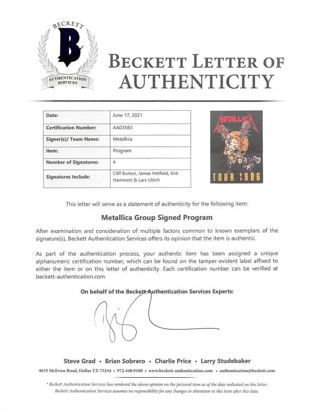 Metallica (4) Hetfield, Burton, Hammett & Ulrich Signed 1986 Tour Program BAS - 6