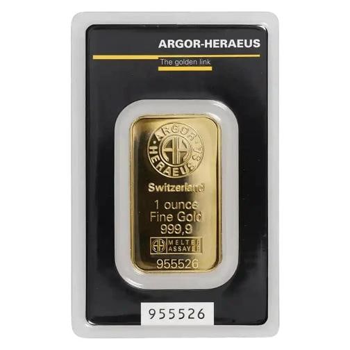 1 oz Gold Argor-Heraeus Bar with Assay Card: Year: Random,Shape: Bar,Precious Metal Content per Unit: 1 oz,Fineness: 0.9999,Denomination: N/A,Country of Origin: Switzerland,Composition: Gold,Circulated/Uncirculated: N/A,Certification: Uncertifie