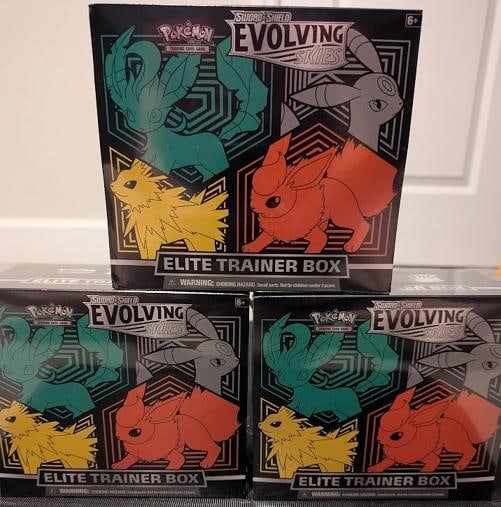 1 box of PokÃƒÂ©mon TCG Evolving Skies Elite Trainer Boxes Sealed ETBs: DESC TEA: Condition: New/Factory Sealed: A brand-new, unused, unopened, undamaged item (including handmade items). See the seller's listing for full details. ,Convention/Event: PokÃƒÂ©mon