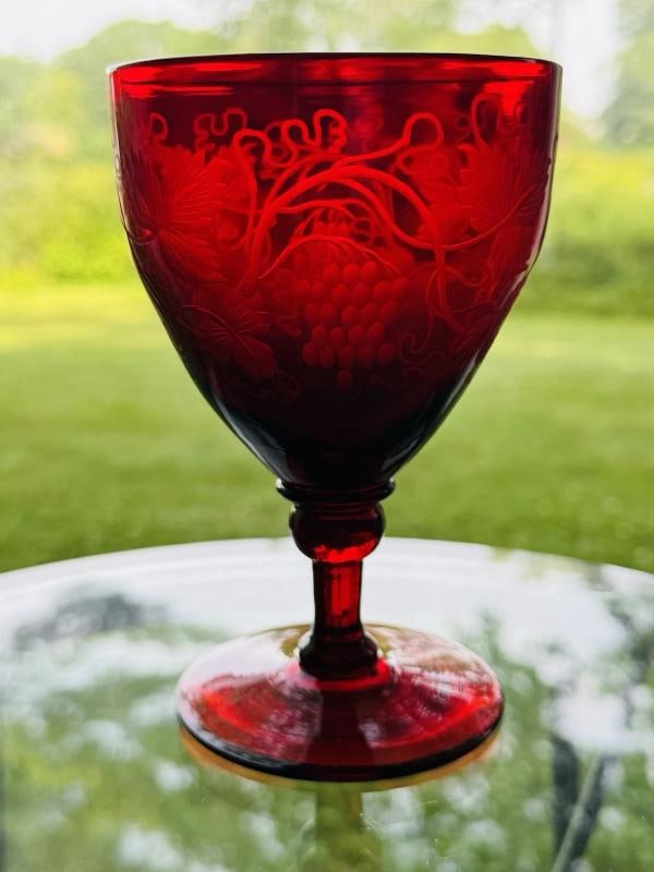 Steuben Selenium Red Vintage Engraved Water Goblet - Grapes (1 of 9)