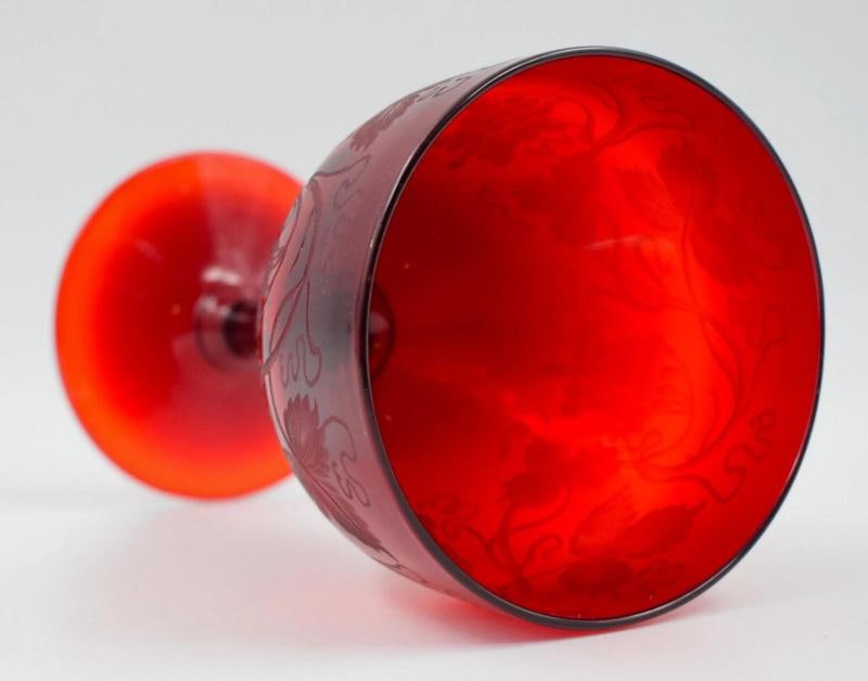 Steuben Selenium Red Vintage Engraved Water Goblet - Grapes - 7