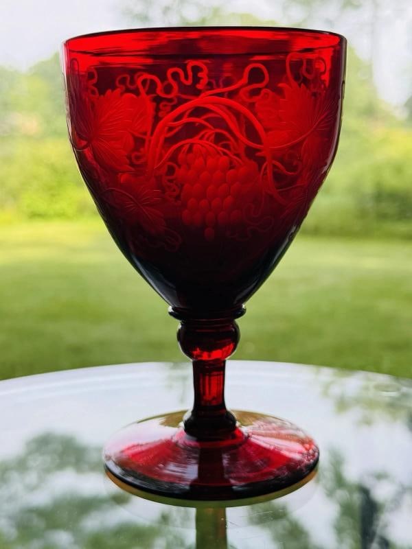 Steuben Selenium Red Vintage Engraved Water Goblet - Grapes - 9