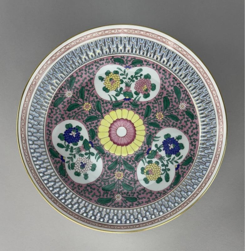 Herend Handpainted Emaille Rose ERS Reticulated 10 7/8" Bowl w Artist Signature - 2