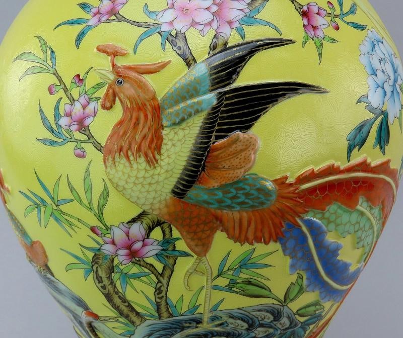 Superb Chinese Yongzheng Mark Yellow Liuyeping Phoenix Bird Flowers Vase - 3
