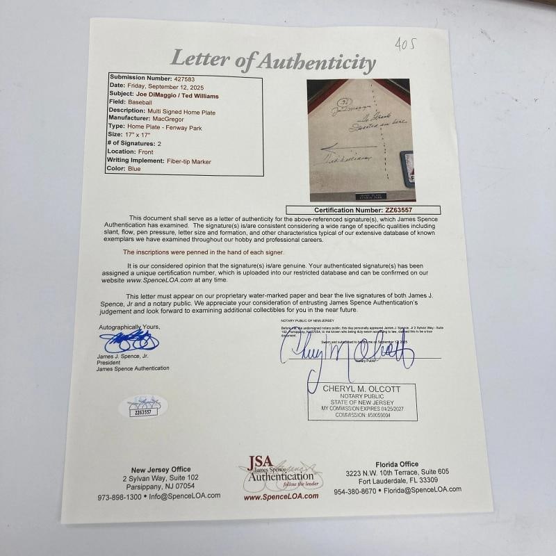 Ted Williams & Joe Dimaggio 56 Hits Signed Inscribed Home Plate JSA COA RARE - 3