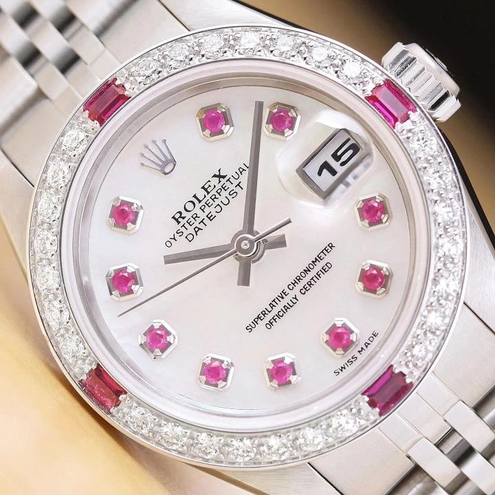 ROLEX LADIES DATEJUST 79174 MOTHER OF PEARL 18K GOLD STEEL DIAMOND RUBY WATCH: Condition: Pre-owned - Good,Bezel Color: Silver,Max Wrist Size: 6.26-6.75 in,Number of Jewels: 31 Jewels,Indices: Ruby Markers, 12-Hour Dial,Band: Rolex Stainless Steel Jubilee Bracelet,Bezel: Custom
