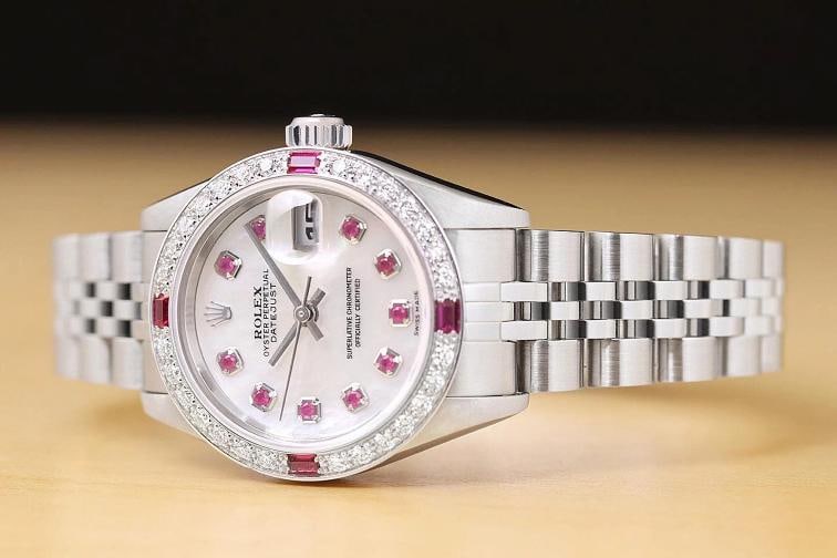 ROLEX LADIES DATEJUST 79174 MOTHER OF PEARL 18K GOLD STEEL DIAMOND RUBY WATCH - 2