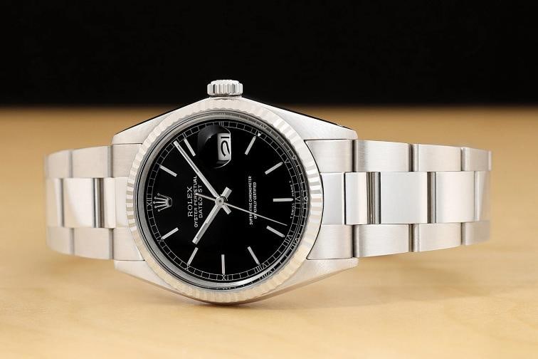 ROLEX MENS DATEJUST 16014 BLACK DIAL 18K WHITE GOLD STEEL WATCH w/ OYSTER BAND - 2