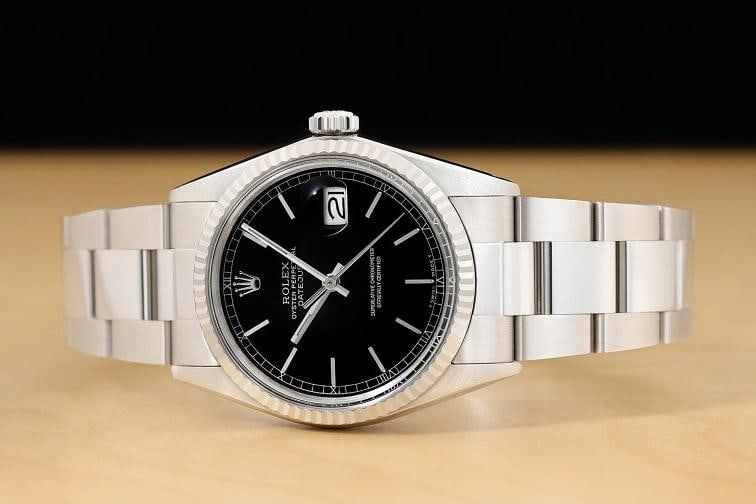 ROLEX MENS DATEJUST 16014 BLACK DIAL 18K WHITE GOLD STEEL WATCH w/ OYSTER BAND - 3