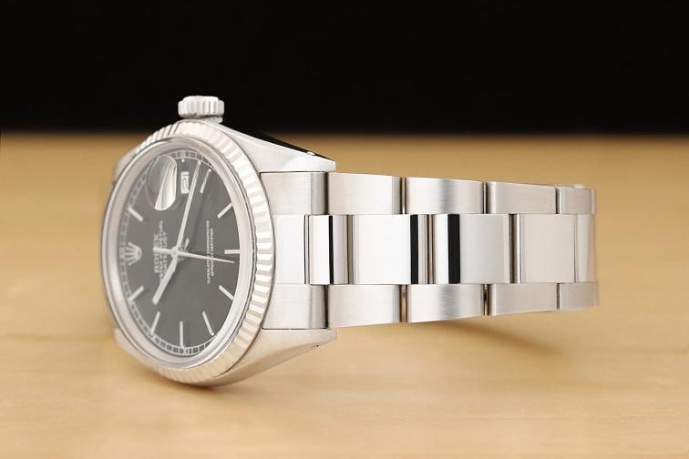 ROLEX MENS DATEJUST 16014 BLACK DIAL 18K WHITE GOLD STEEL WATCH w/ OYSTER BAND - 4