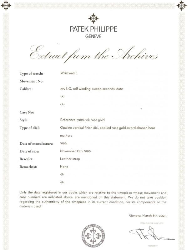 Patek Philippe Geneve 3998R With Archives 18K Rose Ivory Dial Auto Watch 34mm - 6