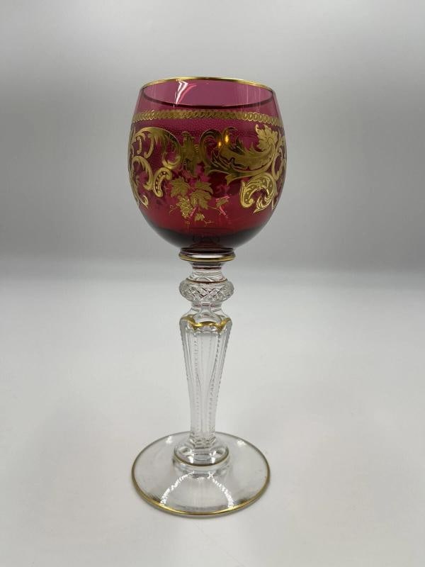 French ST.LOUIS France Cranberry Hock Wine Glass Gilded Gold Circa 1920 - 10