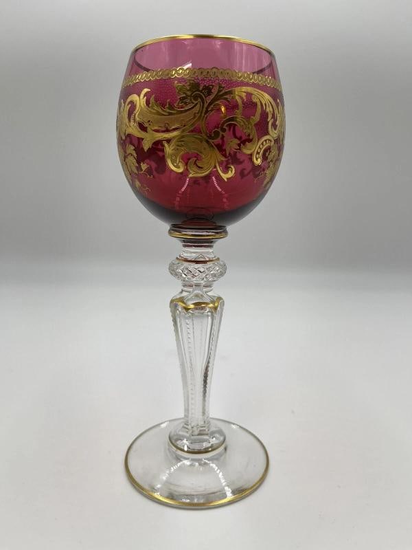 French ST.LOUIS France Cranberry Hock Wine Glass Gilded Gold Circa 1920