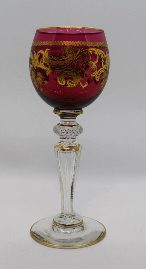 French ST.LOUIS France Cranberry Hock Wine Glass Gilded Gold Circa 1920 - 3