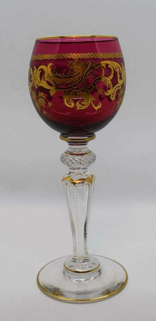 French ST.LOUIS France Cranberry Hock Wine Glass Gilded Gold Circa 1920 - 4