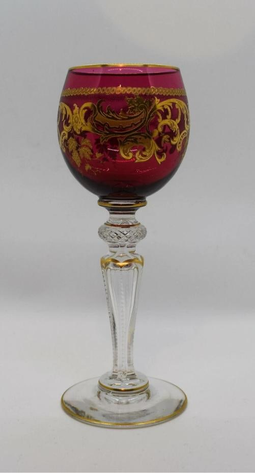 French ST.LOUIS France Cranberry Hock Wine Glass Gilded Gold Circa 1920 - 5