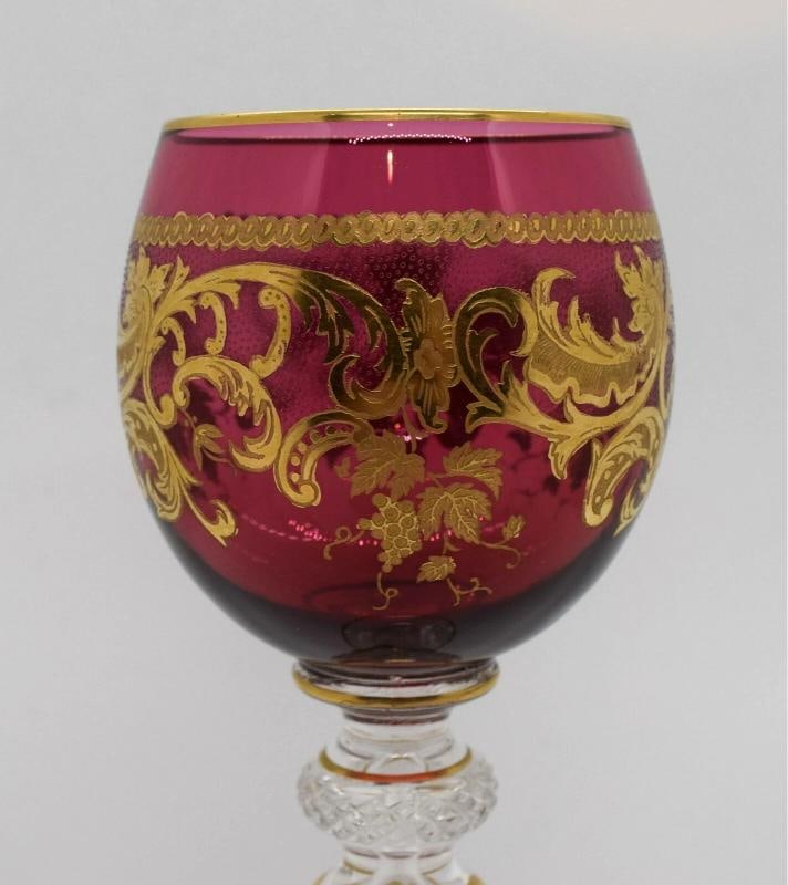 French ST.LOUIS France Cranberry Hock Wine Glass Gilded Gold Circa 1920 - 6