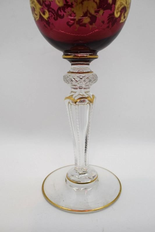 French ST.LOUIS France Cranberry Hock Wine Glass Gilded Gold Circa 1920 - 7