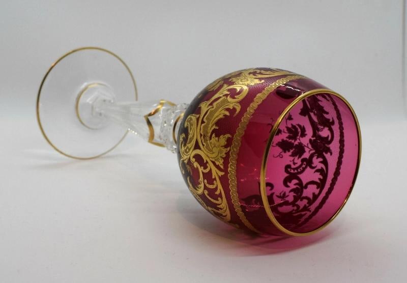French ST.LOUIS France Cranberry Hock Wine Glass Gilded Gold Circa 1920 - 8