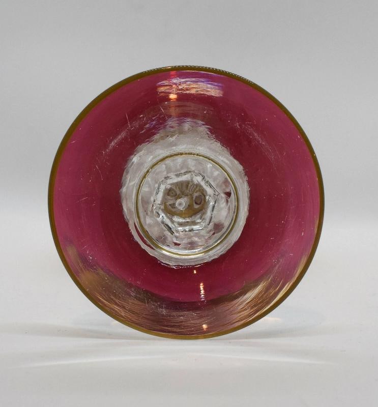 French ST.LOUIS France Cranberry Hock Wine Glass Gilded Gold Circa 1920 - 9