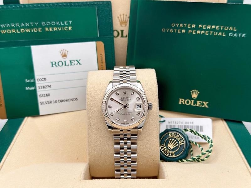 Rolex Datejust Midsize 178274 31mm Silver Diamond Dial Steel Jubilee Box Paper: Condition: Pre-owned - Excellent,Bezel Color: Silver,Indices: Diamond Markers,Year Manufactured: 2010-2019,Band/Strap: Rolex Jubilee,Case Color: Silver,Department: Women,Bezel Type: Fluted,Watch Shape