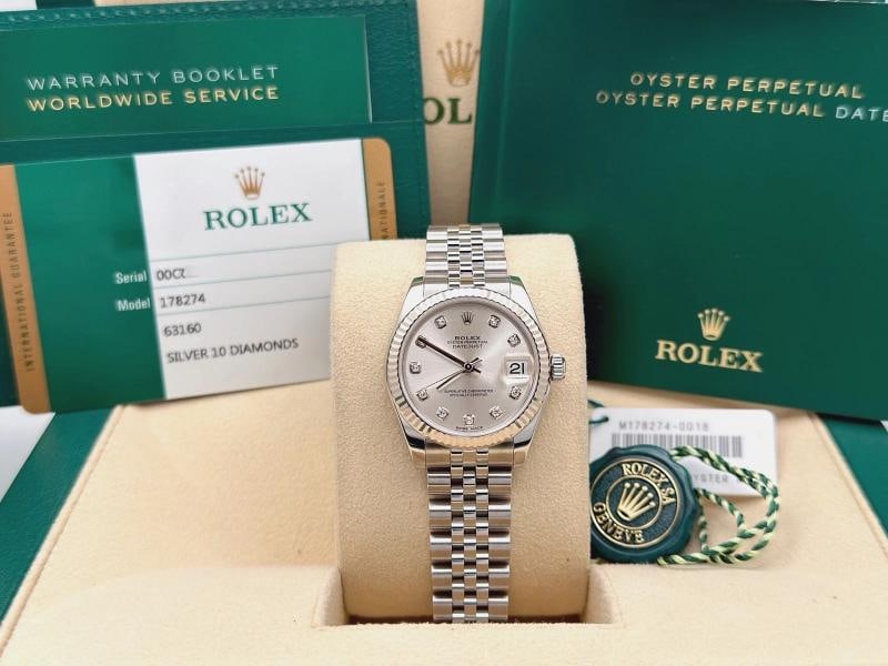 Rolex Datejust Midsize 178274 31mm Silver Diamond Dial Steel Jubilee Box Paper - 8
