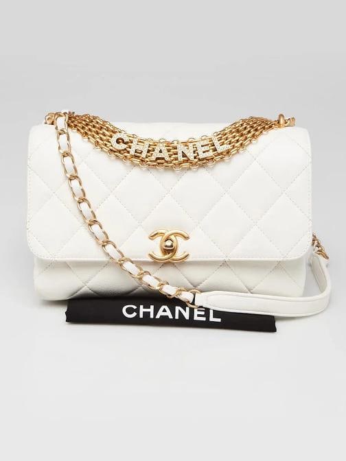 Chanel White Quilted Lambskin Leather Crystal Logo Chain Flap Bag - 11