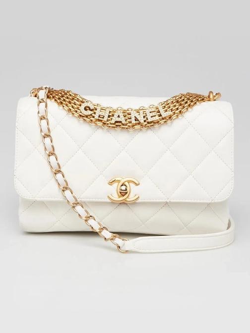 Chanel White Quilted Lambskin Leather Crystal Logo Chain Flap Bag (1 of 11)