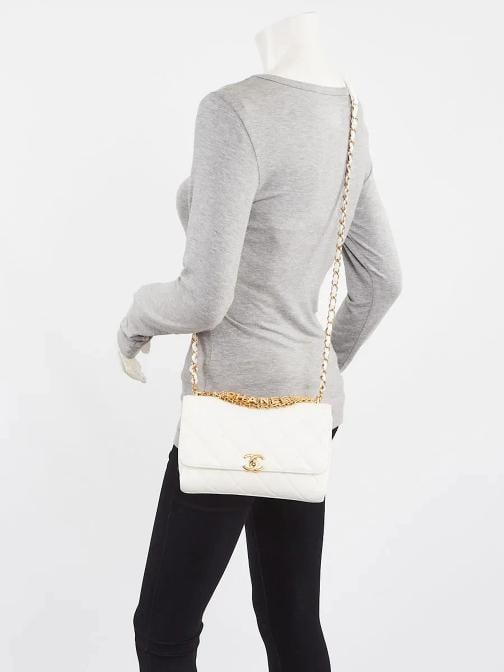 Chanel White Quilted Lambskin Leather Crystal Logo Chain Flap Bag - 2