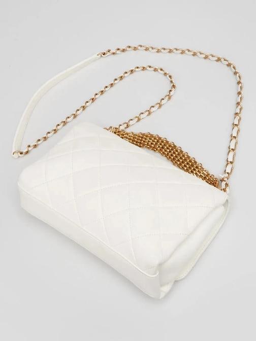 Chanel White Quilted Lambskin Leather Crystal Logo Chain Flap Bag - 3