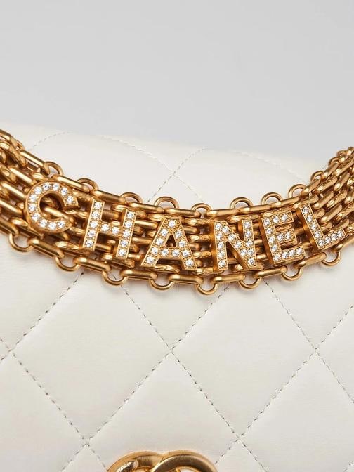 Chanel White Quilted Lambskin Leather Crystal Logo Chain Flap Bag - 6