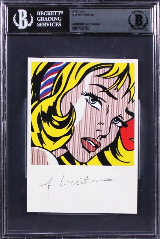 Roy Lichtenstein Authentic Signed 4x6 Girl With Ribbon Hair Postcard BAS Slabbed: Autograph Authentication: Beckett,Industry: Movies,Original/Reproduction: Original,PRODUCT_COA: Beckett,PRODUCT_SIGNED_BY_NAME: Roy Lichtenstein,Country of Origin: United States 