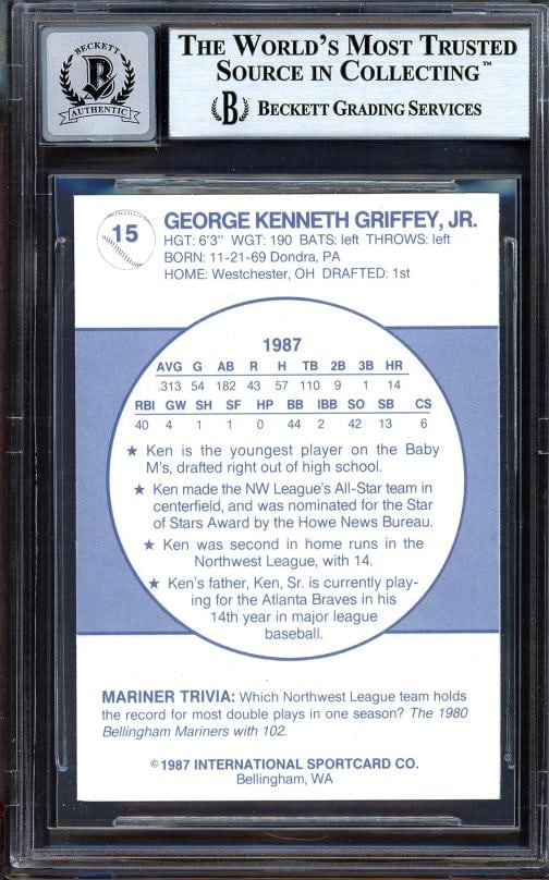 Ken Griffey Jr. Auto 1987 Bellingham Mariners RC 15 Mariners Auto GM 10 Beckett - 2