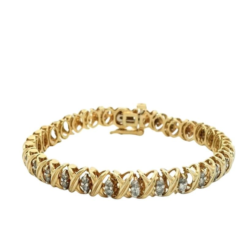1.8CTW Diamond Bracelet In 14K Yellow Gold: bracelet measures 6.75 inches in length. Bracelet Width: 6.5mm Weight: 13gr. Condition: Pre-owned - Good,Main Stone Creation: Natural,Closure: Box,Metal: Yellow Gold,Item Length: 6.75in,Total Carat