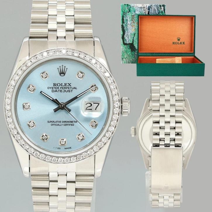 Rolex DateJust 16014 "Tiffany" Blue Diamond Bezel Jubilee Band 36mm Watch Box: Brand Rolex (Guaranteed Authentic) Model DateJust Reference Number 16014 Serial Number 8.3 Gender Mens Metal Stainless Steel Case Size 36.00mm Wrist Size This watch will currently comfortably fit a wr