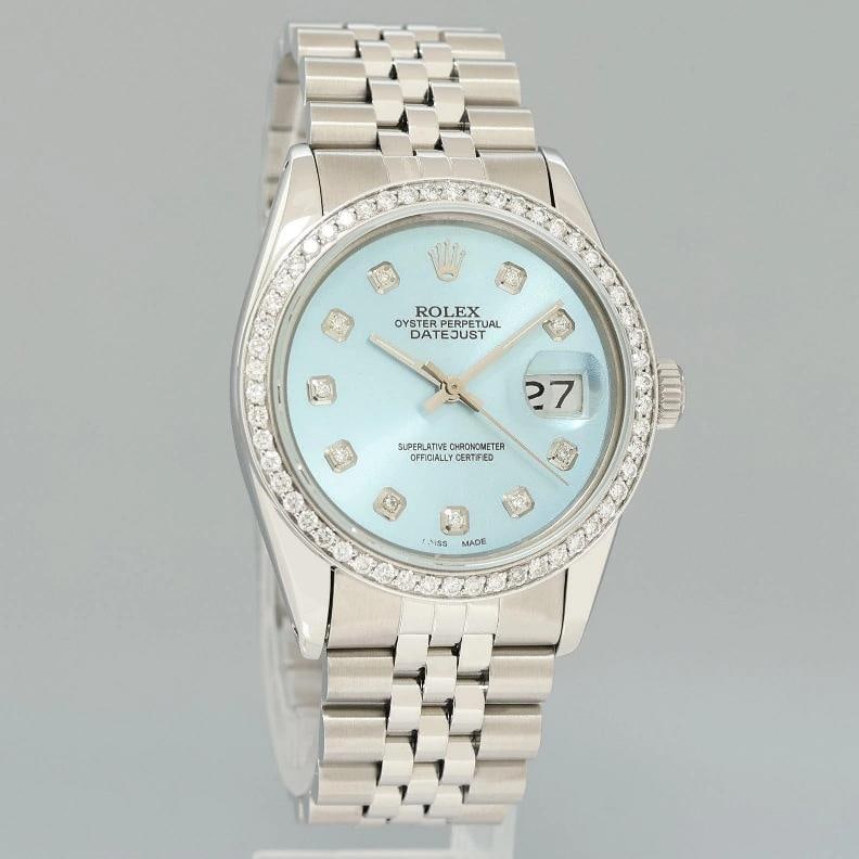 Rolex DateJust 16014 "Tiffany" Blue Diamond Bezel Jubilee Band 36mm Watch Box - 3