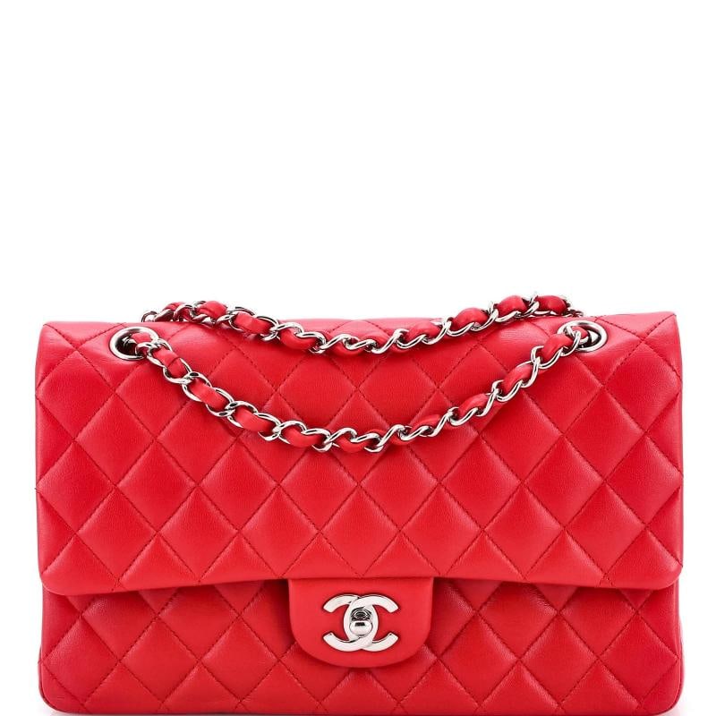 Chanel Classic Double Flap Bag Quilted Lambskin Medium: Condition: Pre-owned - Good,Brand: Chanel,Exterior Material: Leather,Style: Shoulder Bags,Exterior Color: Red,Department: Women,Size: Medium Estimated Retail Price: $11,300 Condition: Very good.